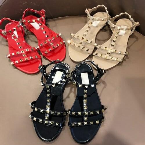 New Roman Riveting Nail Open Toe PVC Jelly Flat Sandals Beach Womens Flat-Heeled Shoes quality V style