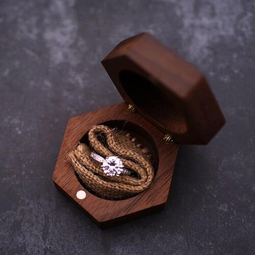 Solid Gift Ring Box Portable Container Wedding Engagement Jewelry Case Vintage Hexagon Black Walnut Ceremony Display Compact