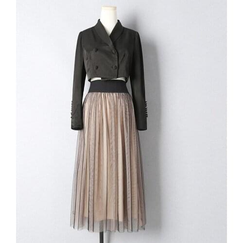 Autumn Women Clothes Elegant Short Blazer + Mesh Skirt Two Piece Sets All-match Hit Color Long Sleeve Double Breasted Suits Sets