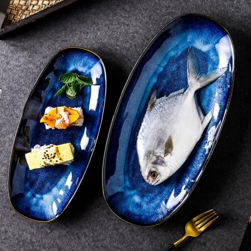 Japanese Kiln Changed Cats Eye Blue Fish Plate Household Steamed Fish Plate Underglaze Creative Sushi Plate Restaurant Dish