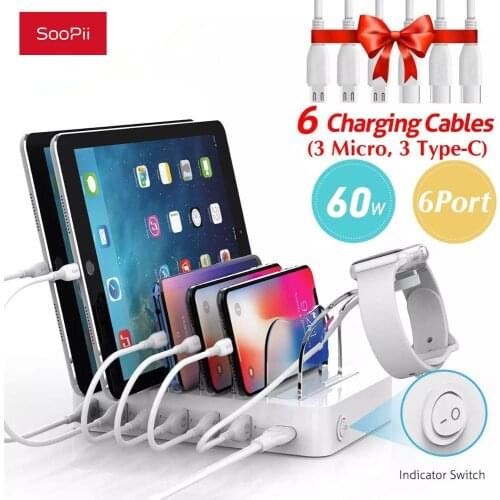 Leading Brand in USA Market, Soopii Quick Charge 3.0 60W/12A 6-Port USB Charging Station for Multiple Devices, 6 Cables Included