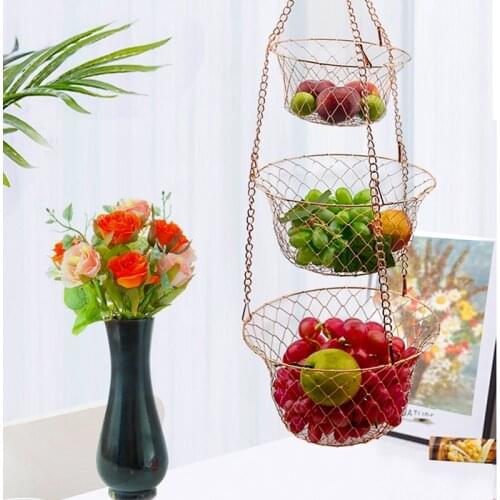 Modern Style Storage Basket Racks 3-Tier Hanging Kitchen Vegetable Fruit Storage Basket Rack Holder with Iron Chain