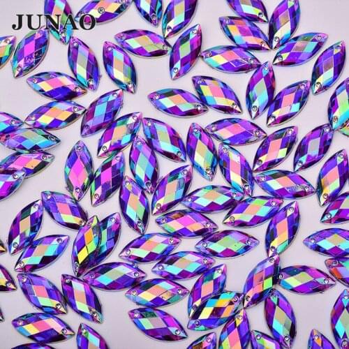 JUNAO 100pcs 7*15mm Purple AB Sewing Strass Rhinestones Flatback Horse Eyes Shape Sew On Crystal Beads Decoration Appliques