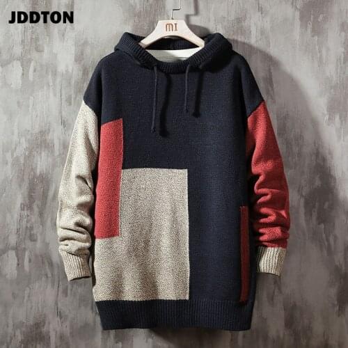 JDDTON Winter Mens Knitted Hooded Sweater Harajuku Casual Hip Hop Japanese Style Fashion Brand Patch Pullover Streetwear JE534