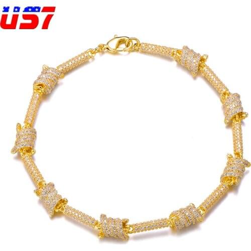 US7 Micro Paved AAA Cubic Zircon 7mm Barbed Wire Bracelet Bling Hip hop Jewelry Copper Link Chain Bracelets 7-8 Inch