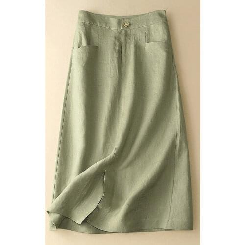 High Quality Cotton Linen Midi Skirt Womens Casual High Waist A-Line Beach Skirts Feminina Faldas Jupe with Pocket Plus Size 4XL
