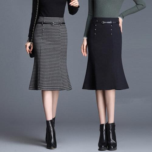 Women Autumn Winter Plaid Long Knee Length Skirts Female Fashion Vintage Slim Skirt Ladies Casual Elegant Mermaid Skirts P22