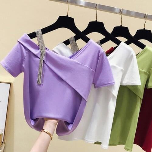 Ladies Harajuku One Shoulder Short Sleeve T-shirt 2021 Summer New Chic Fashion Clothes Black Sexy Diamond Short Sleeve T Shirt