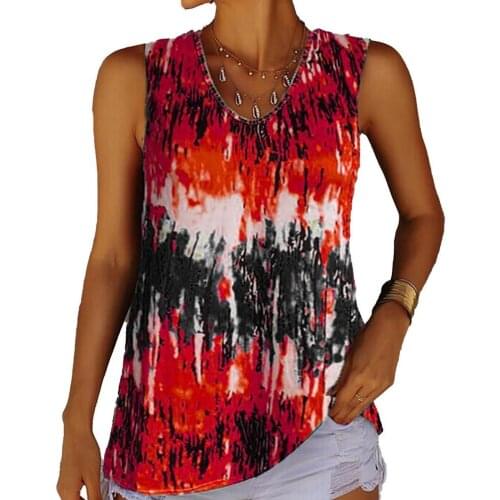 Women Round Neck Tie Dye Printed Sleeveless Thin Vest Loose Blouse Pullover for Party Summer Women Clothing