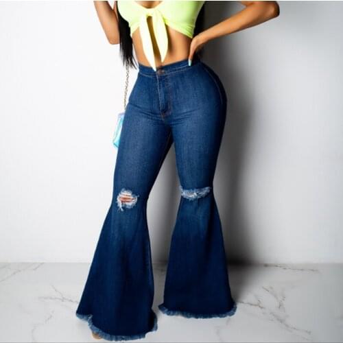 Plus Size Wide Leg Jeans High Waisted Big Bell Bottom Jeans For Women Vintage Knee Hole Ripped Long Flare Jeans Denim Pants Lady