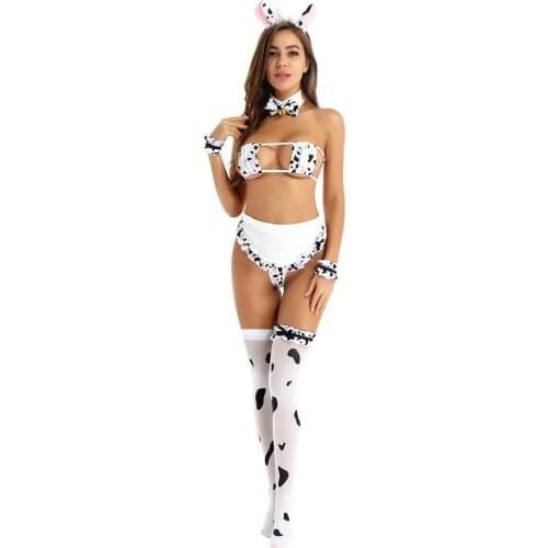 Women Cute Kawaii Anime Cow Cosplay Costume Japanese Style Mini Micro Bikini Lingerie Set Role Play Costumes Nightwear Sleepwear