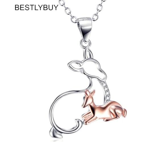 BESTLYBUY Genuine 925 Sterling Silver Mother & Baby Deer Animal Pendant Necklaces for Women Luxury Jewelry Brincos