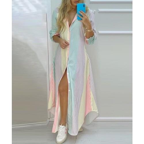 Women Fashion Casual Lapel Shirt Dress Button-down Printed Pattern Long Sleeve V-neck Loose Asymmetric Vestidos Autumn Spring