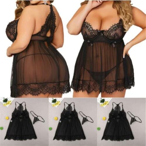 M-3XL Sexy Lingerie Lace Black Mesh Sexy Underwear Halter Plus Size Babydoll Lingerie Sexy Hot Erotic Women Dress+G-string XXXL