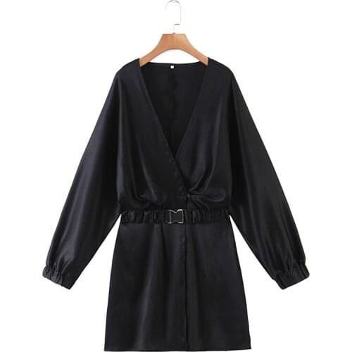 Women Summer Fashion Dress Za 2021 Elastic Belt Chiffon Black Deep V Long Sleeve Vintage Ladies Dress Mujer Vestidos
