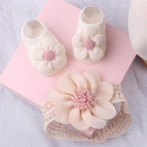 2 Pcs/Set Baby Socks Headband Set Lace Flower Baby Girl Hairbands Anti-Slip Infant Toddler Socks Baby Girl Hair Accessories