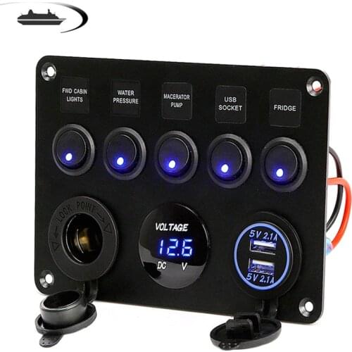 5 Gang LED Car Rocker Switch Panel 12V Power Outlet Dual USB Charger Port Socket 12V for Car Marine Boat Toggle Switch