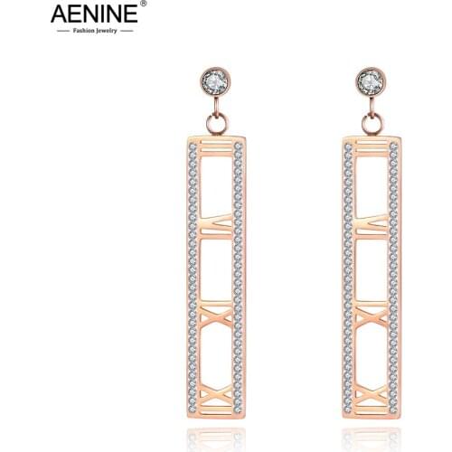 AENINE Roman Numerals Design Long Earrings Rose Gold Stainless Steel Cubic Zirconia Stud Earrings Jewelry For Women Girl AE19018