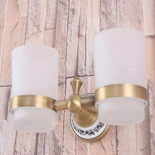 Antique Brass Double Toothbrush Holder With Glass Cup Wall Mounted Bathroom Accessories aba781