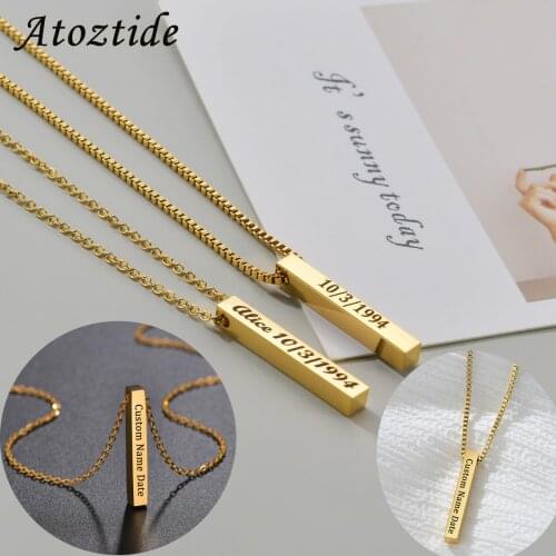 Atoztide Personalized Four Sides Engraving Square Pendant Necklaces Stainless Steel Engraved Name Date For Women Jewelry Gift