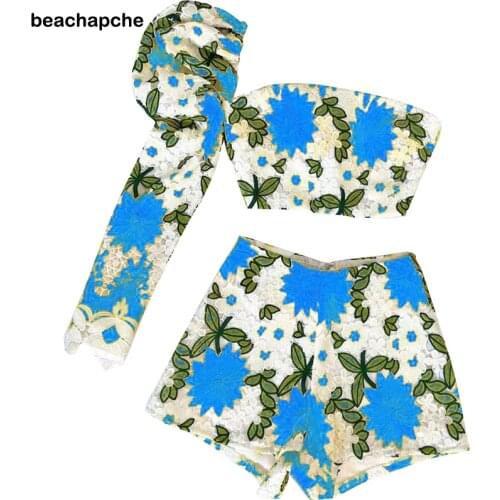 Beachapche Duff Sleeve Top & Short Sets Blue Red One-Sholder Vest Shorts Two Piece Set Club Outfit Women Hollow out Top Sexy