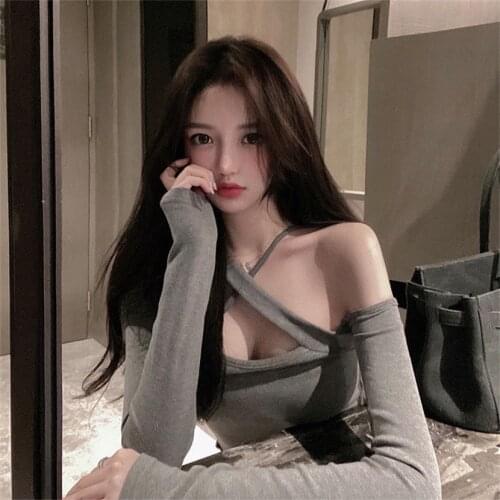 White Long Sleeve Sexy T Shirt Women Tshirt Sleeved Off Shoulder T-shirt Inside Spring And Autumn Solid Color Bottomed Vogue