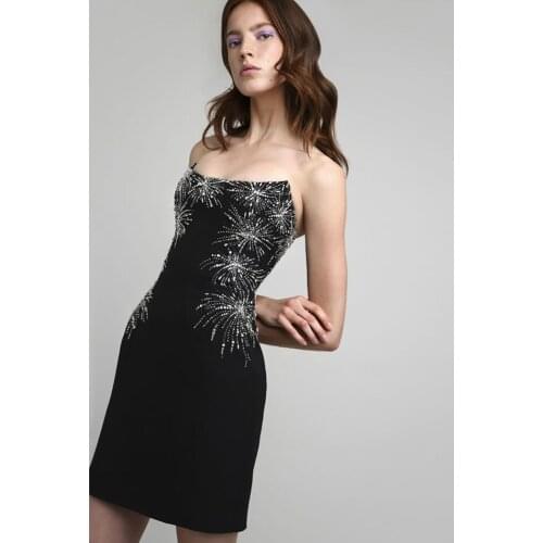 Star Dust Crystal Beading Strapless Black Bandage Dress Diamond Off The Shoulder Sleeveless Mini Sheath Clubwear Sexy Dress