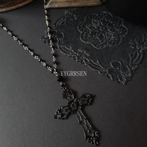 Black Goth Cross Rosary Necklace Chain Pendant Witchy Victorian Alternative Punk Witchy Punk Statement Rock Women Gift Jewelry