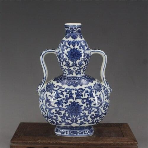 Antique QingDynasty porcelain vase,Blue & white ear gourd flat bottle,Hand-painted crafts,Collection&Adornment,Free shipping