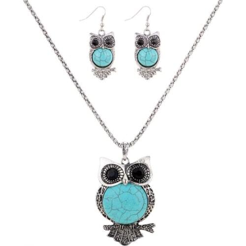 Vintage Owl Jewelry Sets for Women Wedding Party Necklace Earring Boho Natural Stone African Jewelry Sets Valentines Day Gift