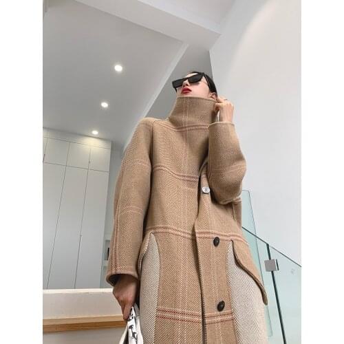 High-end leather label check stand-up collar double-sided woolen woolen coat Korean version 21 new