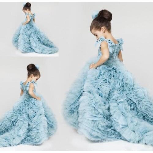 Cute Fluffy Flower Girl Dresses Jewel Neck Appliqued Sequins Bow Sleeveless Girl Pageant Gowns Ruffle Sweep Train Tulle Birthday