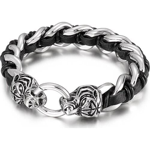 HAOLYNJOY Tiger Head Accessory Bracelet Vintage Leather Mens Stainless Steel Bracelet