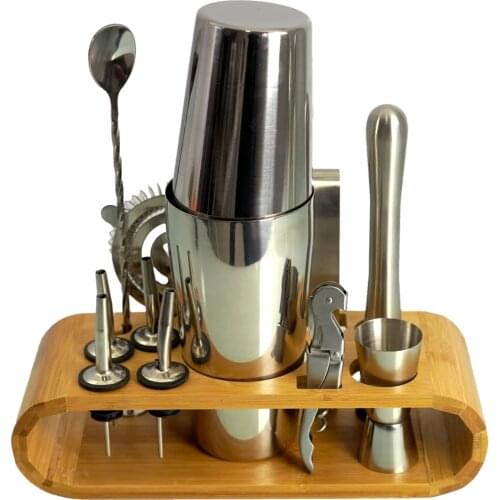 Bartender Kit 12-Piece Set Boston Cocktail Shaker Mixer Drink Stainless Steel Bar Tools Accessories Oval Bamboo Stand