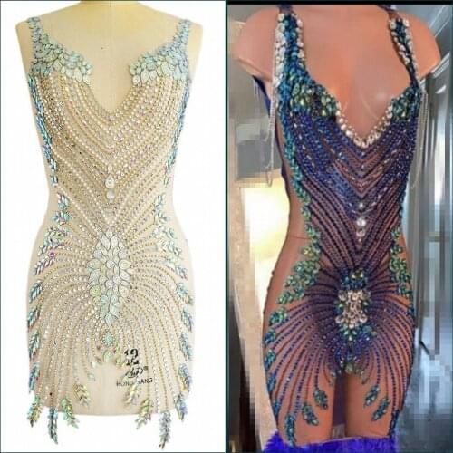 HAND Sewing Made Blue Loose Sequins Rhinestones Crystals Stones Patches Patch Appliques For African For Womens Clothing Prom