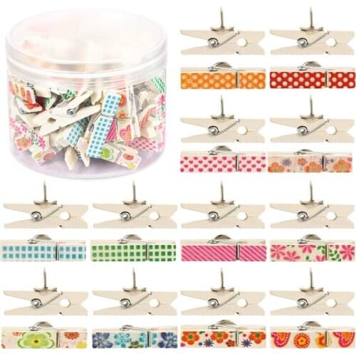 Push Pins With Wooden Clips, 50Pcs Thumbtacks Pushpins Paper Clips Clothespins For Cork Boards Notes Photos Display Wall