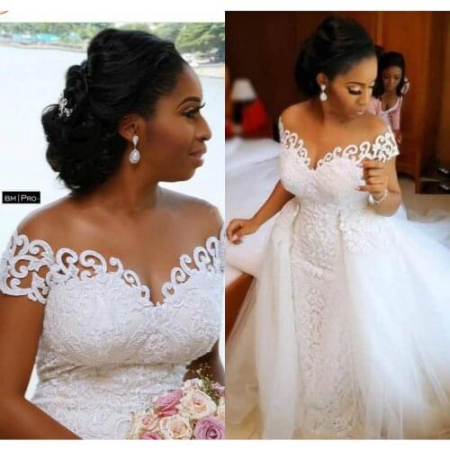 Nigerian Mermaid Wedding Dresses Detachable Train Full Lace Applique Sheer Off The Shoulder Short Sleeve Bridal Gowns Plus