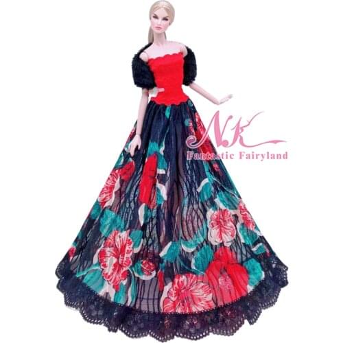 NK 1 Pcs Red Floral Dress For Barbie Doll Clothes Outfits Fashion Gown Lace Dress & Black Wrap Cape 1/6 Dolls Accessories Toys
