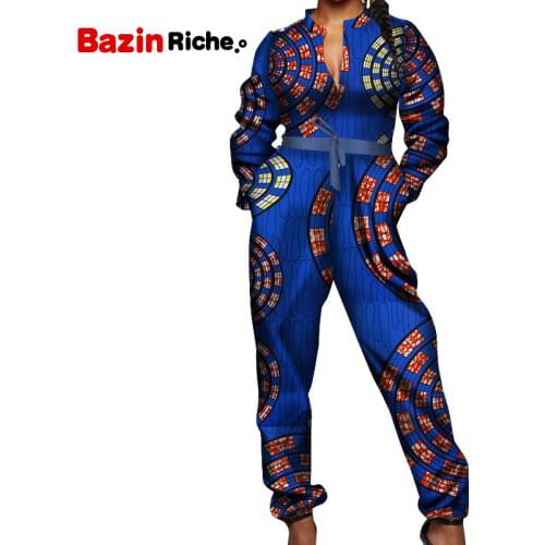 New African Jumpsuit Women Long Sleeve Bazin Ankara Print Casual Lady Romper WY5298