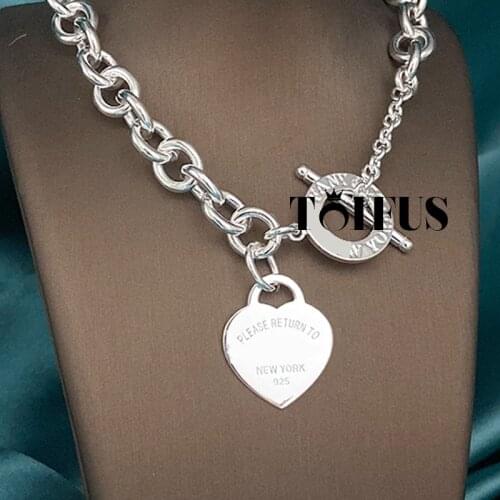Tif 925 Sterling Silver Pin Buckle Heart Pendant Necklace Female Jewelry Superb Craftsmanship, With official Logo Tif Heart