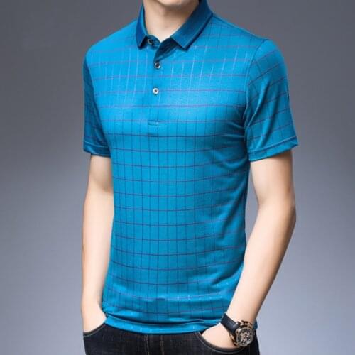 New Men Plaid Polo Summer Natural Silk Short-Sleeve Fashion Teen Casual Sport Luxury Male Soft Collar Shirt