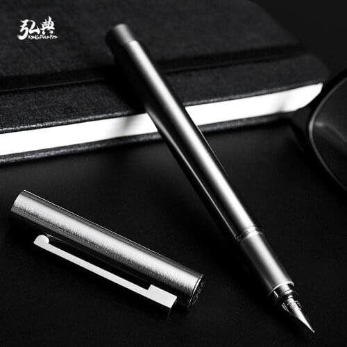 HongDian Metal Stainless Steel Fountain Pen Fine Nib 0.4mm Bright Silver Excellent Writing Gift Ink Pen for Business Office Home