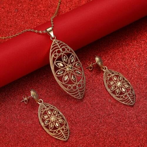Bridal Jewelry Sets for Women Arabic Dubai Ethiopian African Earrings Gold Color Cooper Necklace