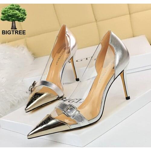 BIGTREE Fashion Sexy Party Womens Shoes PVC Hollow Shallow Mouth Pointed Metal Belt Buckle High Single Shoes Zapatos De Mujer