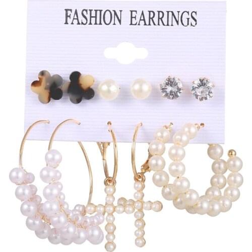 Vintage Imitation Pearl Circle Cross Earrings Set Fashion Statement Dangle Earrings for Women Party Jewelry Gifts