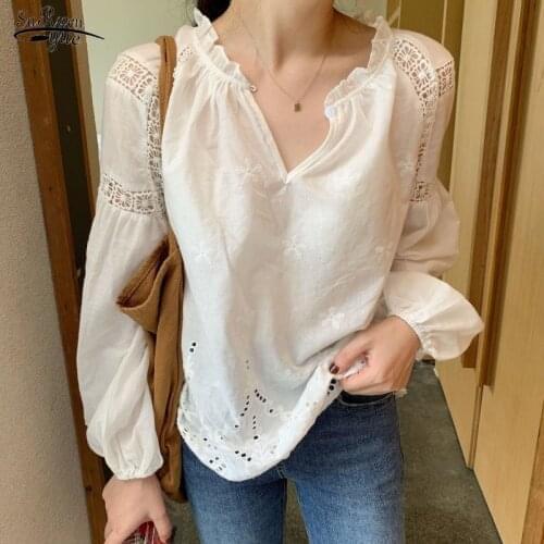 2021 Spring New Niche Design V-neck Embroidery Hollow Loose Long-sleeved Shirt Female Silm Sweet Solid Office Ladies 14818
