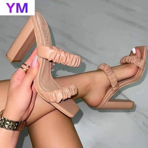 Newly Arrived Designer Fashion Pleated Female Sexy Open Toe High Square Heels Lady Dress Party Shoes Women Sandals Summer Slides