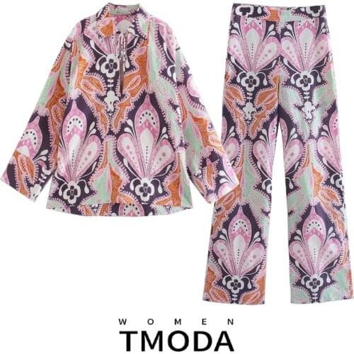 TMODA1502 Za 2021 Summer Women Vintage Flower Printed Blouse And Linen Blend Floral Printed Zipper Pants Trousers Two Piece Sets