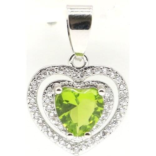 23x17mm Fancy Created Heart Shape Green Peridot White CZ Womans Gift Silver Pendant