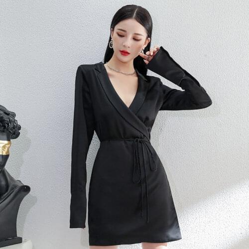 2021Autumn new Fashion Sexy Deep V Shirt Dress Lady Long sleeve Bandage Black Satin Dress Women Elegant Party Dresses Vestidos